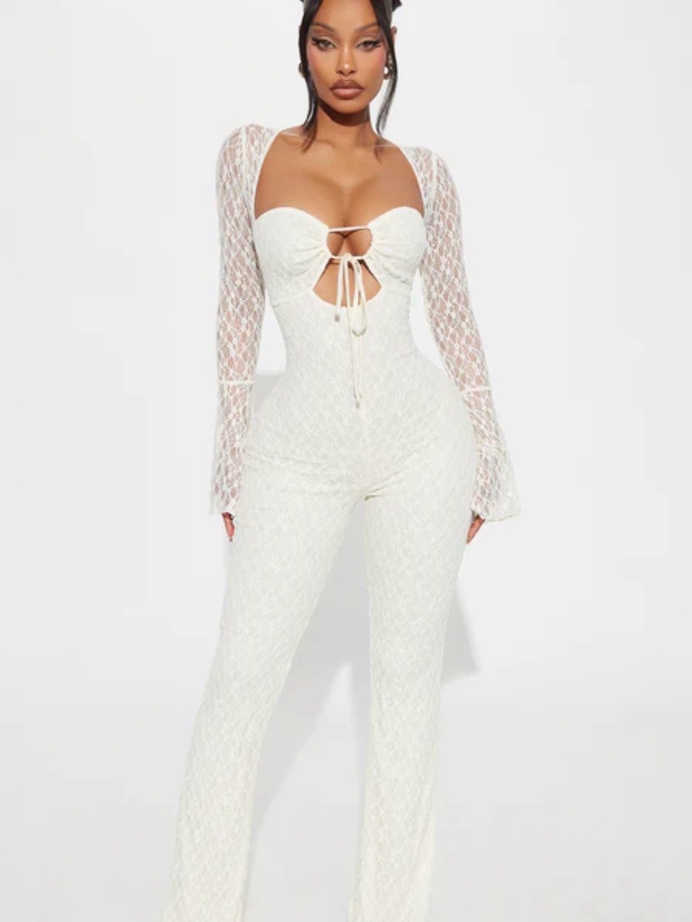 Fashion Nova Lace Long-Sleeve Jumpsuit in White